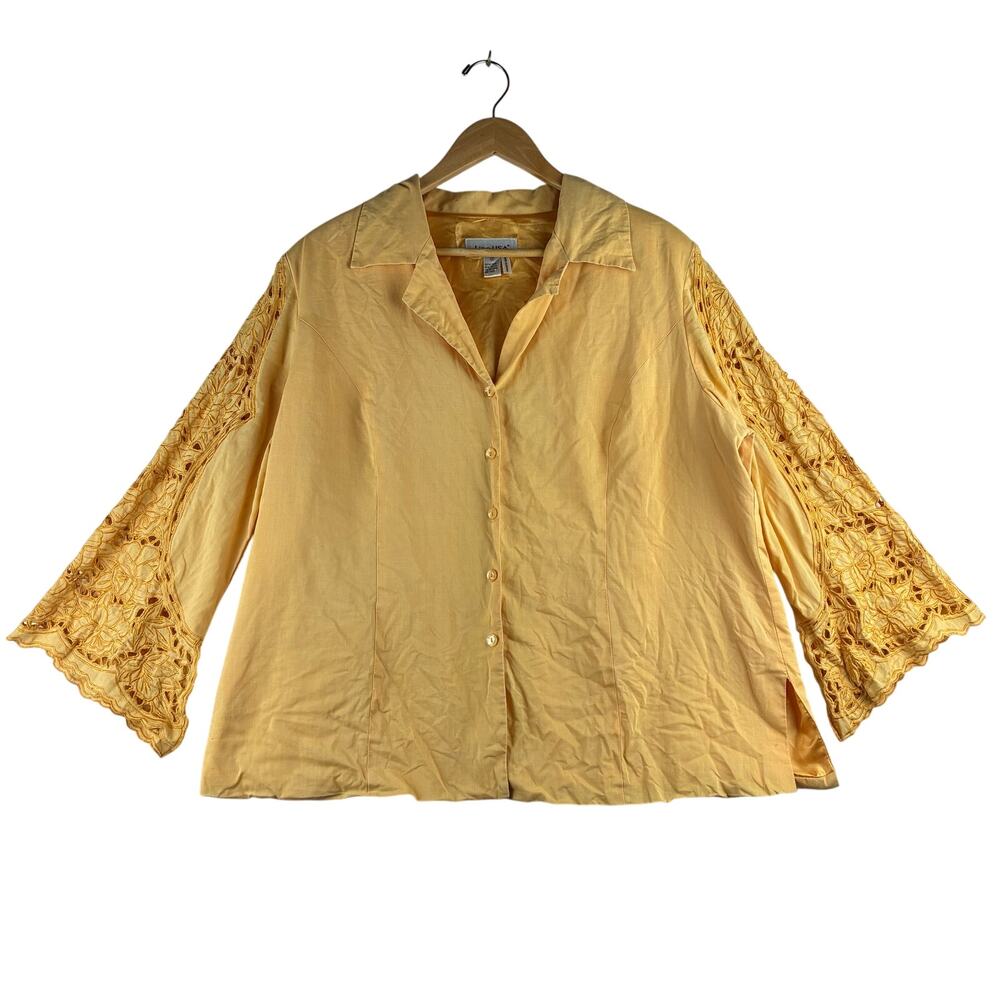 Lino USA 100% Linen Button Up Blouse Women 1X Embroidered Lace Flare Sleeve READ